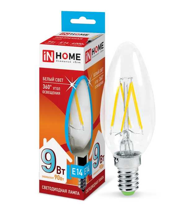 Лампа сд LED-СВЕЧА-deco 9Вт 230В Е14 4000К 810Лм прозрачная IN HOME