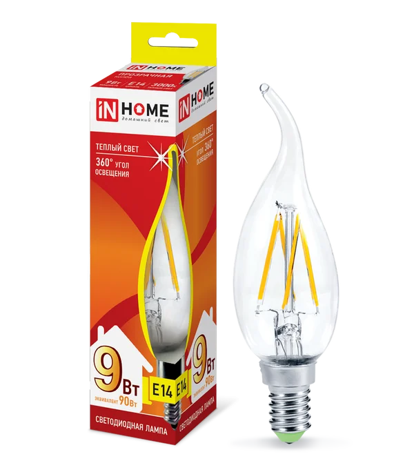 Лампа сд LED-СВЕЧА НА ВЕТРУ-deco 9Вт 230В Е14 3000К 810Лм прозрачная IN HOME