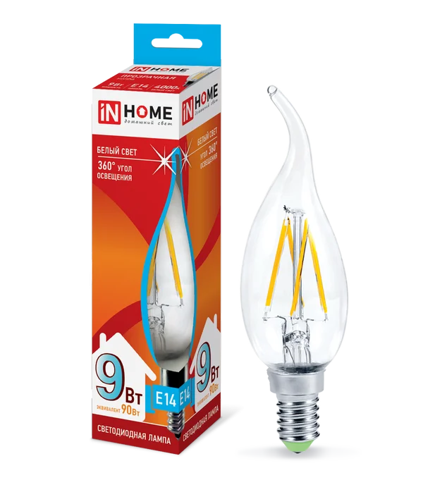 Лампа сд LED-СВЕЧА НА ВЕТРУ-deco 9Вт 230В Е14 4000К 810Лм прозрачная IN HOME