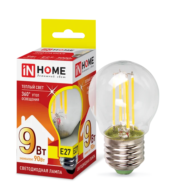 Лампа сд LED-ШАР-deco 9Вт 230В Е27 3000К 810Лм прозрачная IN HOME
