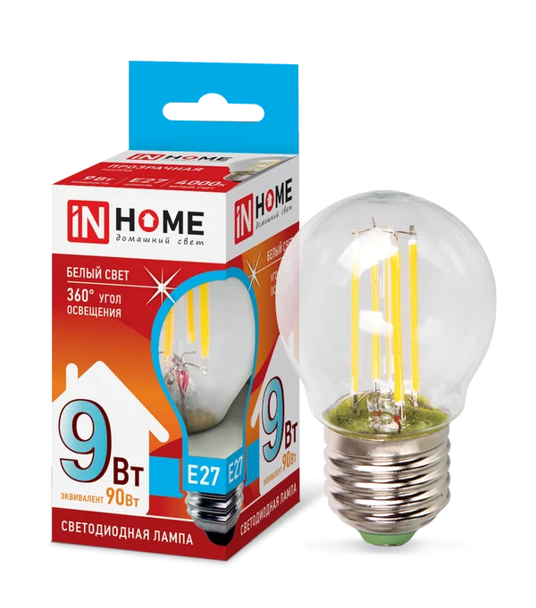 Лампа сд LED-ШАР-deco 9Вт 230В Е27 4000К 810Лм прозрачная IN HOME