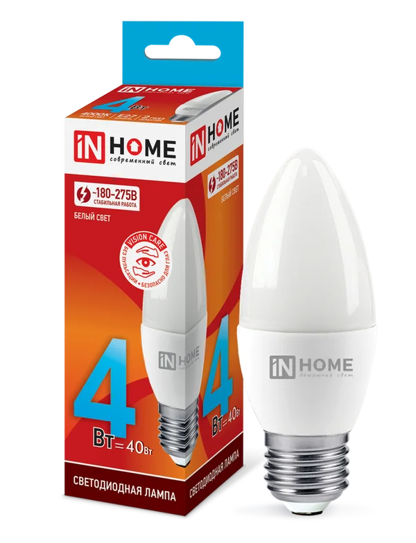 Лампа сд LED-СВЕЧА-VC 4Вт 230В Е27 4000К 360Лм IN HOME