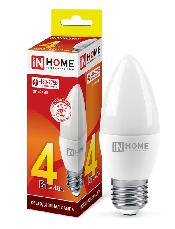 Лампа сд LED-СВЕЧА-VC 4Вт 230В Е27 3000К 360Лм IN HOME