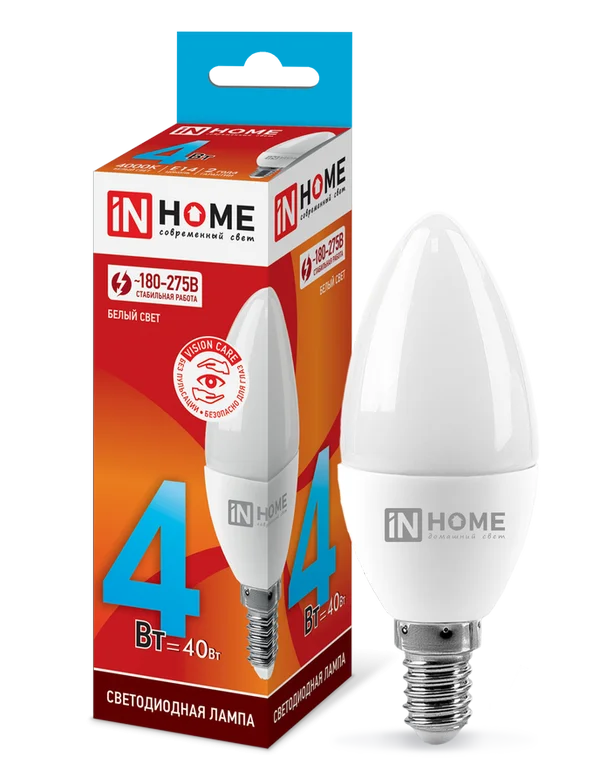 Лампа сд LED-СВЕЧА-VC 4Вт 230В Е14 4000К 360Лм IN HOME