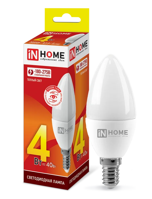 Лампа сд LED-СВЕЧА-VC 4Вт 230В Е14 3000К 360Лм IN HOME