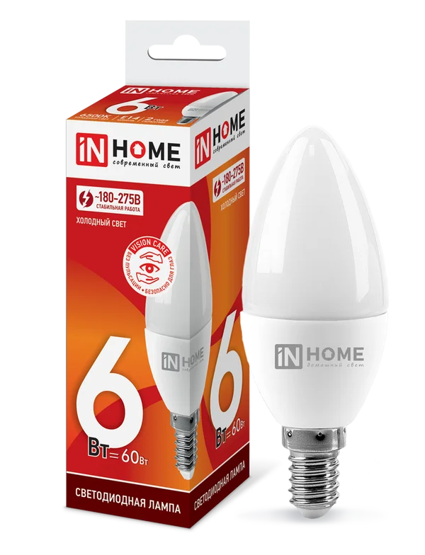 Лампа сд LED-СВЕЧА-VC 6Вт 230В Е14 6500К 540Лм IN HOME