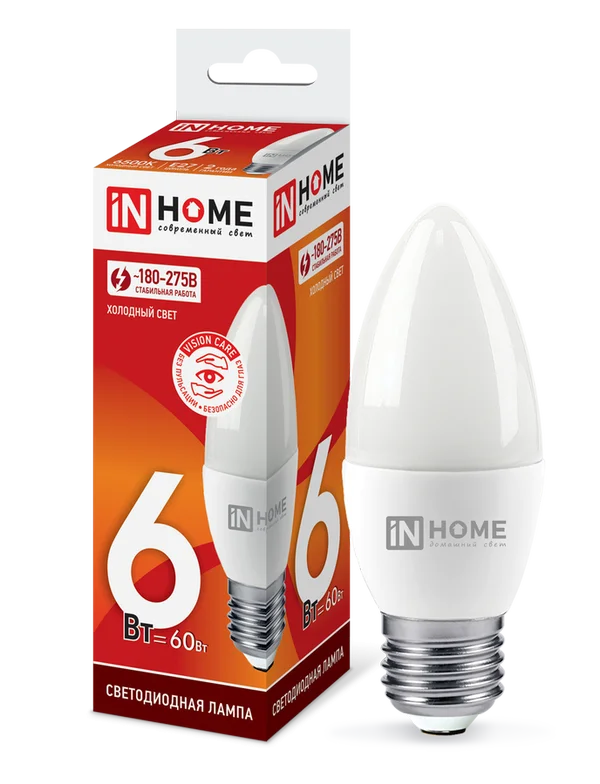 Лампа сд LED-СВЕЧА-VC 6Вт 230В Е27 6500К 540Лм IN HOME