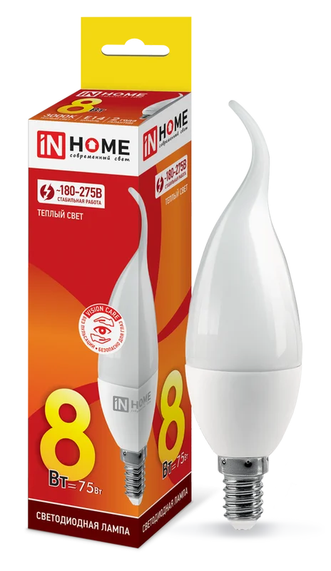 Лампа сд LED-СВЕЧА НА ВЕТРУ-VC 8Вт 230В Е14 3000К 720Лм IN HOME
