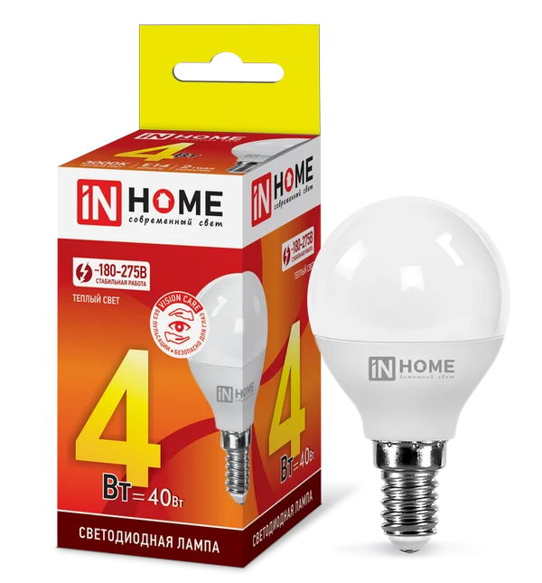 Лампа сд LED-ШАР-VC 4Вт 230В Е14 3000К 360Лм IN HOME