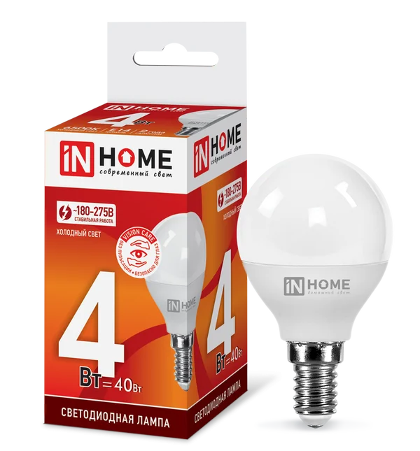 Лампа сд LED-ШАР-VC 4Вт 230В Е14 6500К 360Лм IN HOME