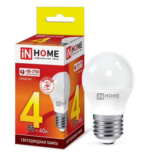 Лампа сд LED-ШАР-VC 4Вт 230В Е27 3000К 360Лм IN HOME