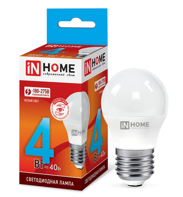 Лампа сд LED-ШАР-VC 4Вт 230В Е27 4000К 360Лм IN HOME