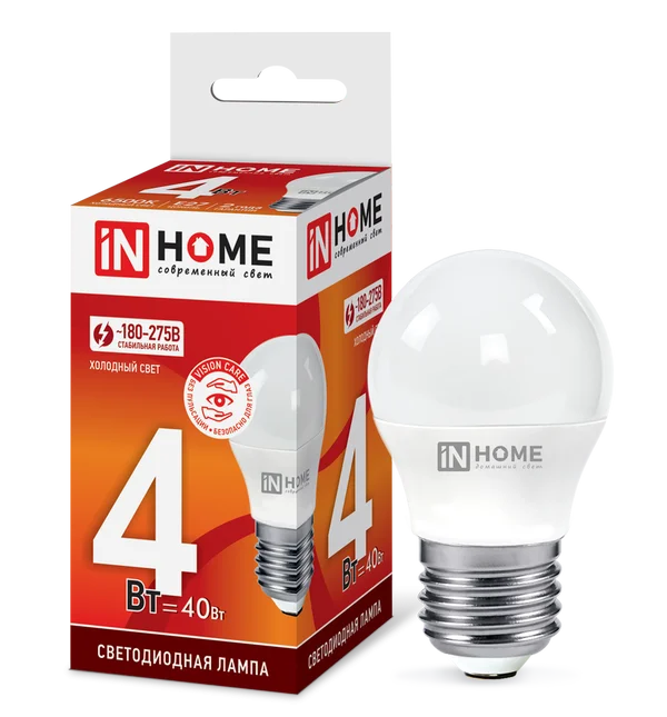 Лампа сд LED-ШАР-VC 4Вт 230В Е27 6500К 360Лм IN HOME