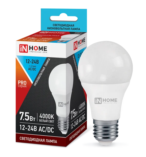 Лампа сд низковольтная LED-MO-PRO 7,5Вт 12-24В Е27 4000К 600Лм IN HOME