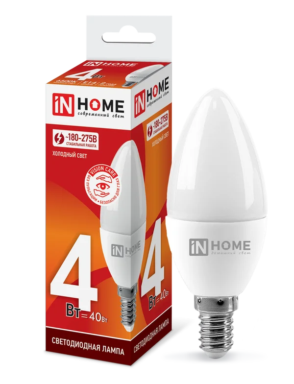 Лампа сд LED-СВЕЧА-VC 4Вт 230В Е27 6500К 360Лм IN HOME