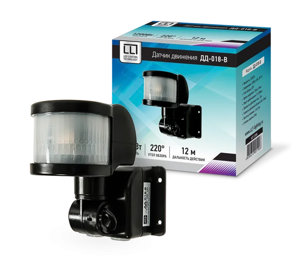 Датчик движения ДД-018-B 1200Вт 220 гр. 12м, IP44 черный LLT