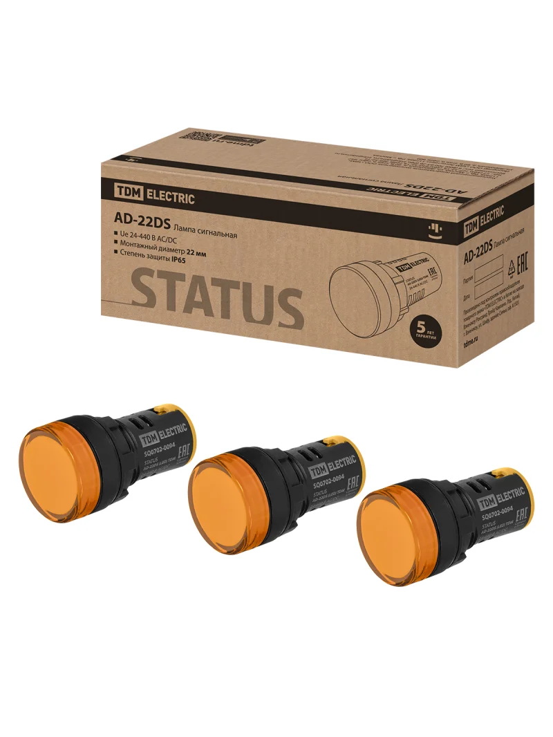 STATUS Лампа сигнальная AD-22DS, LED, d22 мм, 24-440 В AC/DC, IP65, желтый TDM