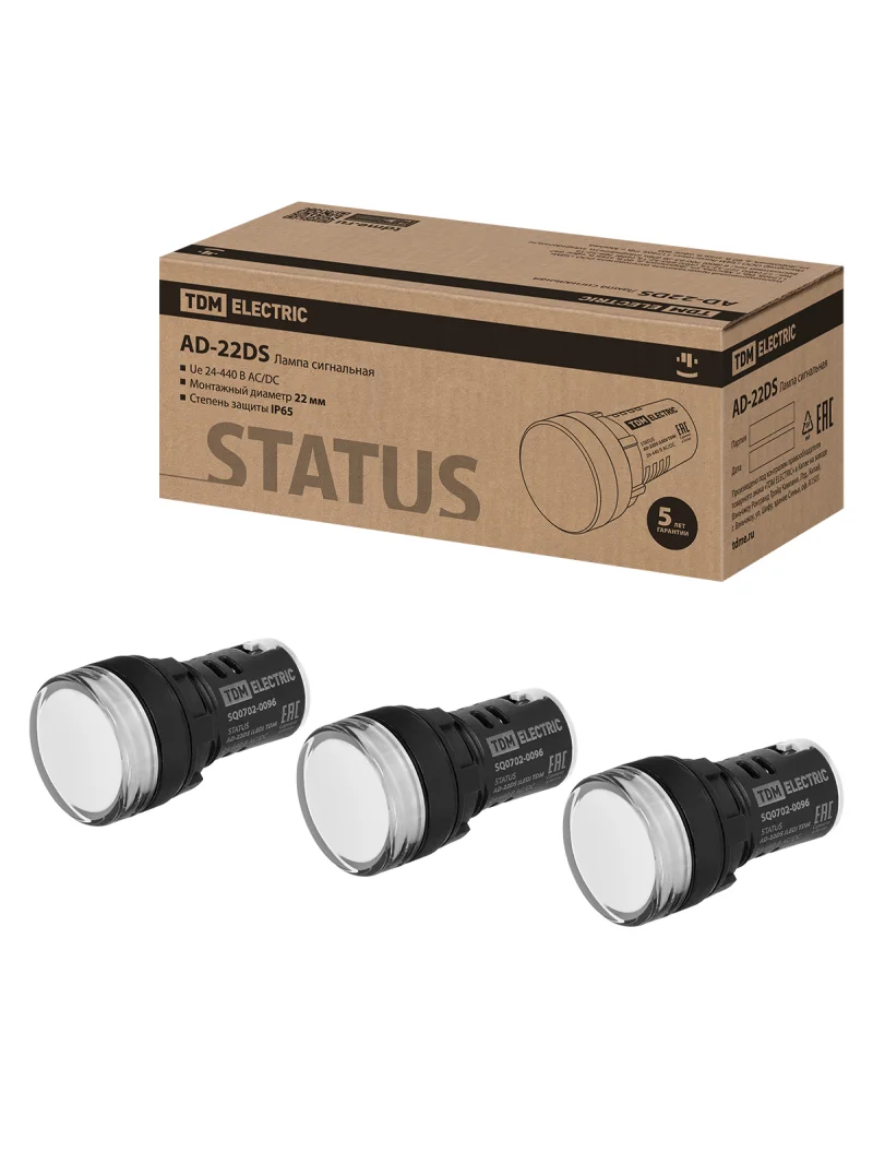 STATUS Лампа сигнальная AD-22DS, LED, d22 мм, 24-440 В AC/DC, IP65, белый TDM