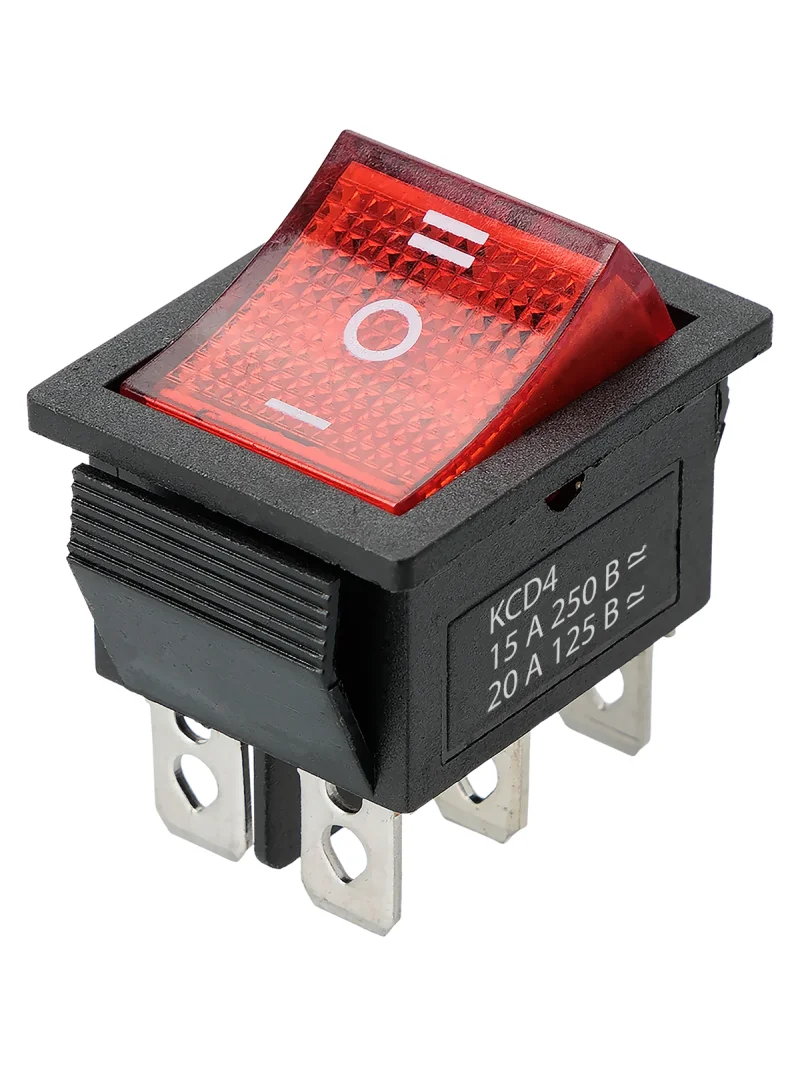 Переключатель клавишный KCD4-203N 250В AC/DC, 2P, 15А, (6с), ON-OFF-ON, c нейтральным положением, черный корпус, красная клавиша с LED подсветкой TDM — изображение 2