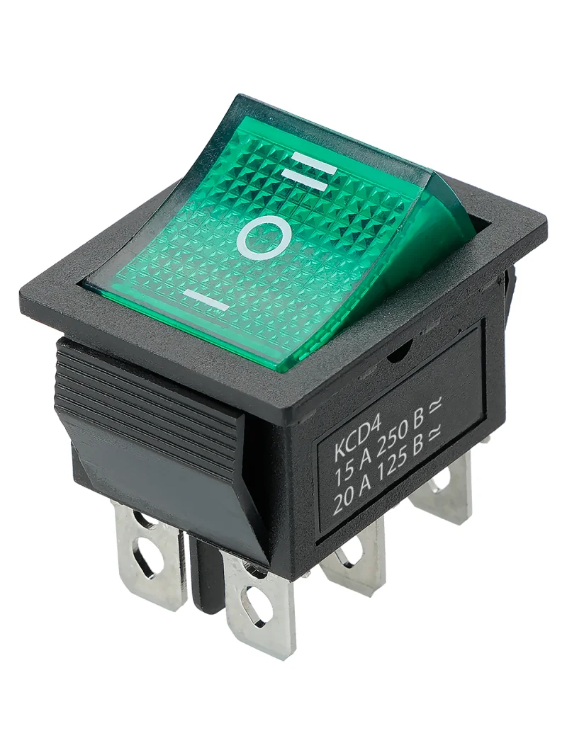 Переключатель клавишный KCD4-203N 250В AC/DC, 2P, 15А, (6с), ON-OFF-ON, с нейтральным положением, черный корпус, зеленая клавиша с LED подсветкой TDM — изображение 2