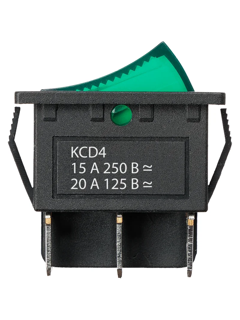 Переключатель клавишный KCD4-203N 250В AC/DC, 2P, 15А, (6с), ON-OFF-ON, с нейтральным положением, черный корпус, зеленая клавиша с LED подсветкой TDM — изображение 4