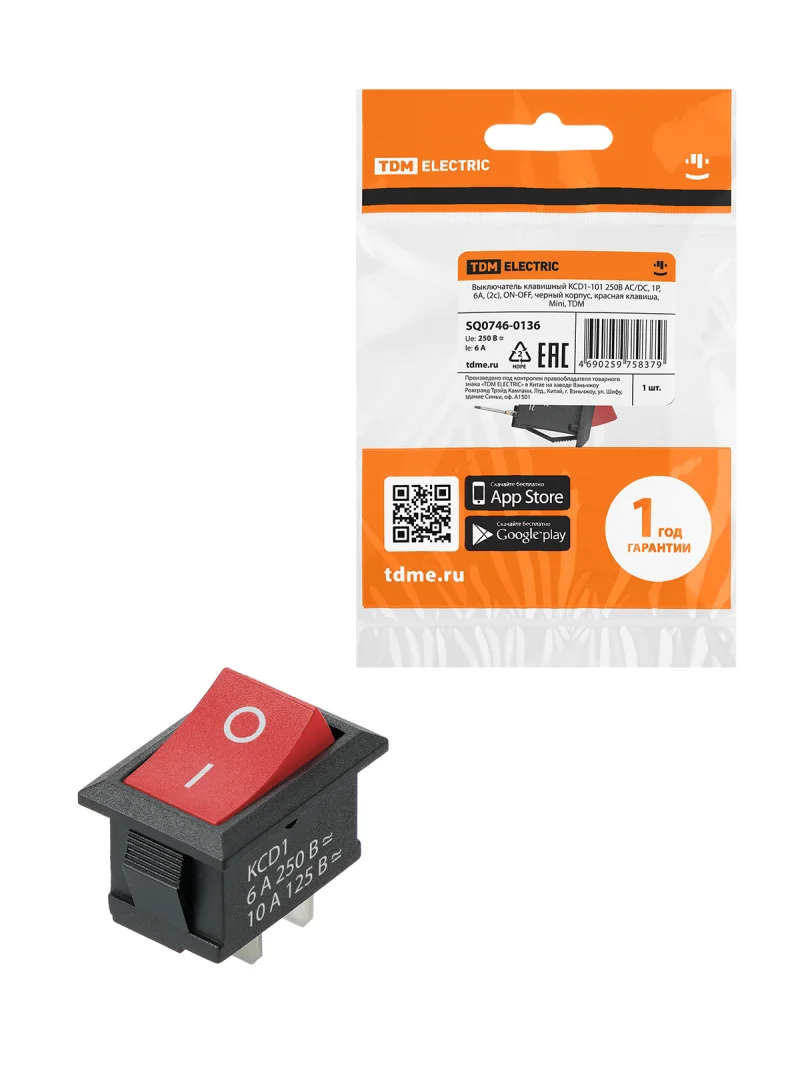 Выключатель клавишный KCD1-101 250В AC/DC, 1P, 6А, (2с), ON-OFF, черный корпус, красная клавиша, Mini, TDM