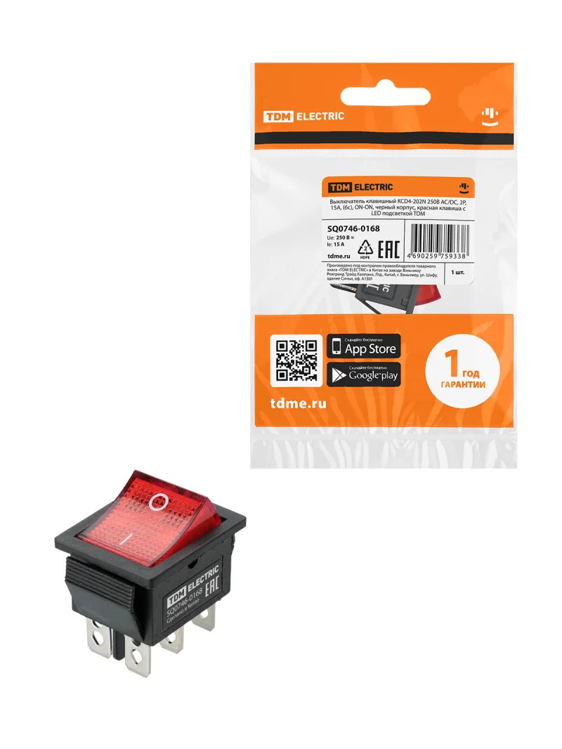 Выключатель клавишный KCD4-202N 250В AC/DC, 2P, 15А, (6с), ON-ON, черный корпус, красная клавиша с LED подсветкой TDM