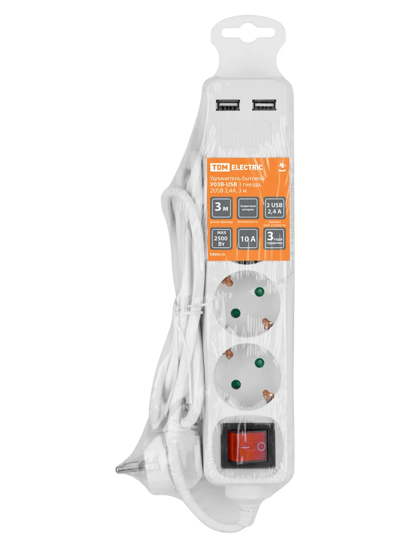 Удлинитель бытовой У03В-USB 3 гнезда, 2USB 2,4А, 3 м, вык., з/к, ПВС 3х0,75мм2 10А/250В белый TDM — изображение 3