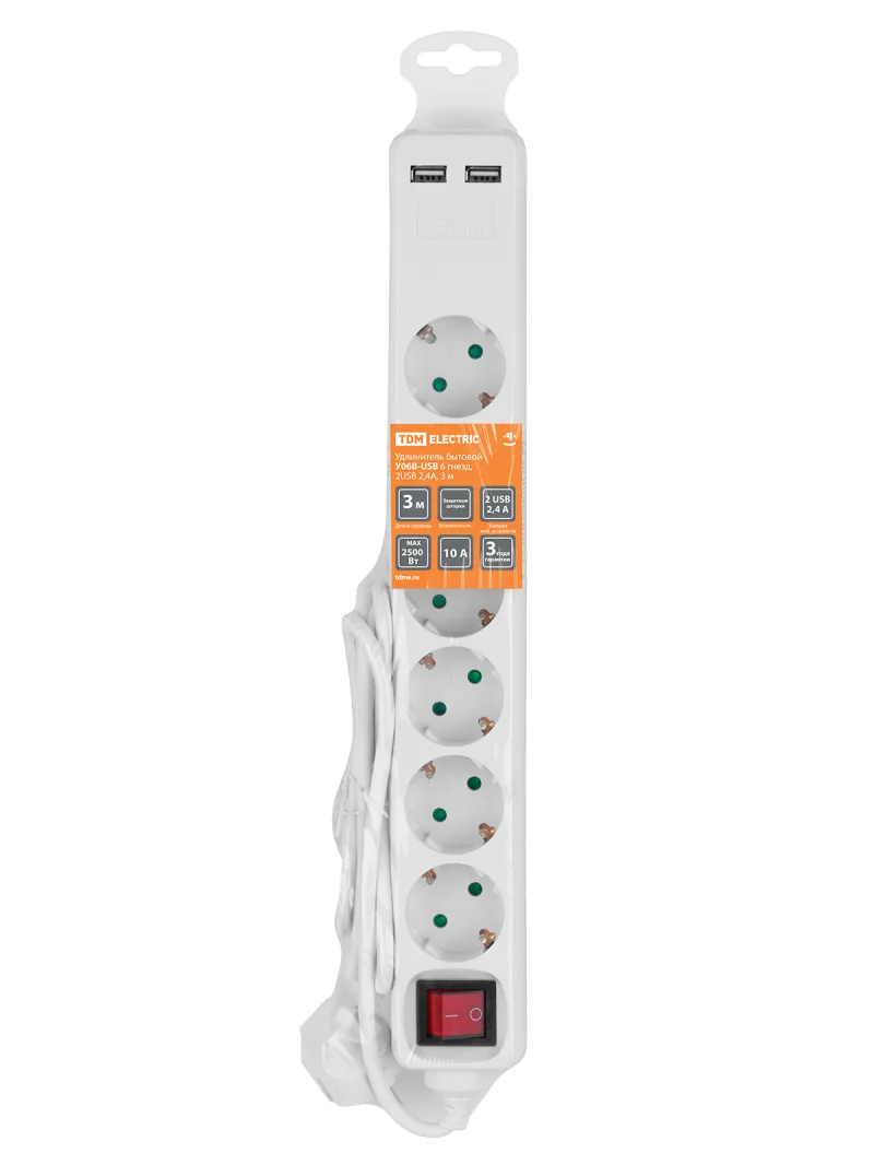 Удлинитель бытовой У06В-USB 6 гнезд, 2USB 2,4А, 3 м, вык., з/к, ПВС 3х0,75мм2 10А/250В белый TDM — изображение 3