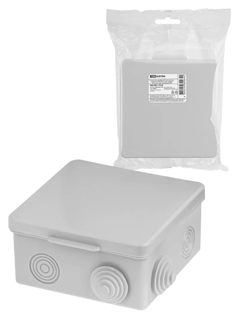 Коробка распаячная ОП для прямого монтажа 100х100х55 мм, IP54, 8 вх., HF, инд. шк., серая TDM
