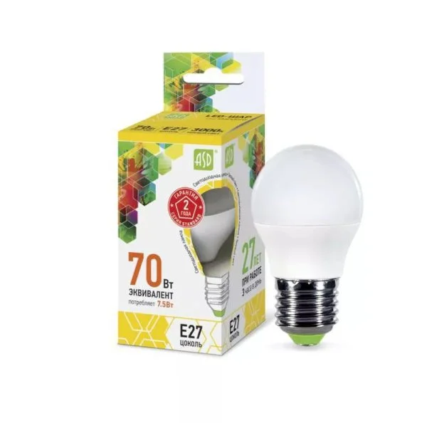 Лампа сд LED-ШАР-std 7.5Вт 230В Е27 3000К 675Лм ASD