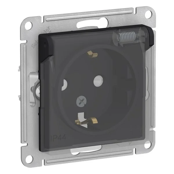 Розетка 1-м СП AtlasDesign Aqua 16А IP44 с заземл. защ. шторки с прозр. крышкой механизм карбон SE-ATN441046
