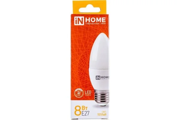 Лампа сд LED-СВЕЧА-VC 8Вт 230В Е27 3000К 600Лм IN HOME