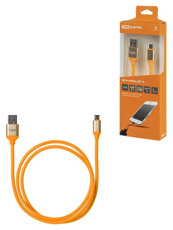 Дата-кабель, ДК 13, USB — micro USB, 1 м, силиконовая оплетка, оранжевый, TDM — изображение 2