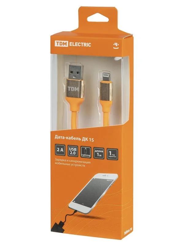 Дата-кабель, ДК 15, USB — Lightning, 1 м, силиконовая оплетка, оранжевый, TDM — изображение 4