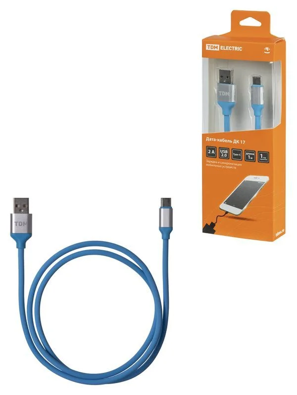 Дата-кабель, ДК 17, USB — USB Type-C, 1 м, силиконовая оплетка, голубой, TDM
