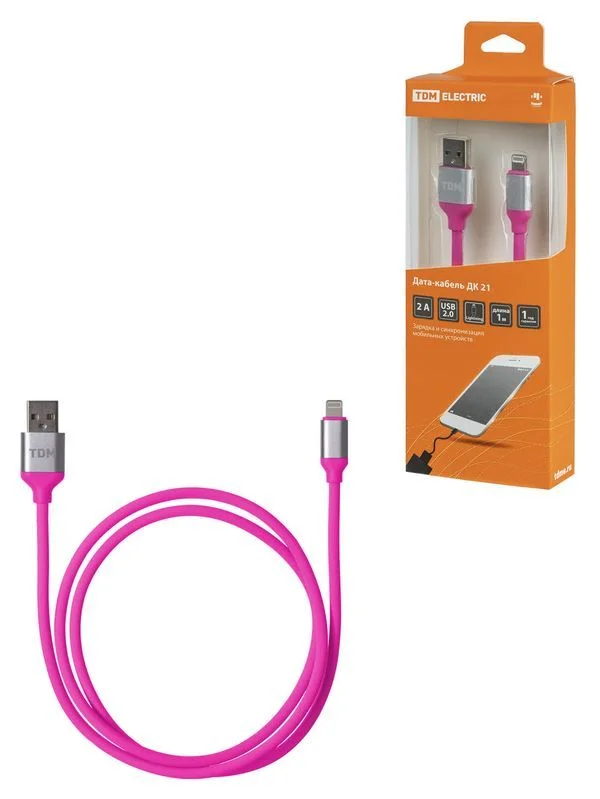 Дата-кабель, ДК 21, USB — Lightning, 1 м, силиконовая оплетка, розовый, TDM
