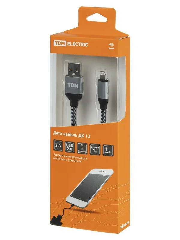 Дата-кабель, ДК 12, USB — Lightning, 1 м, тканевая оплетка, серый, TDM