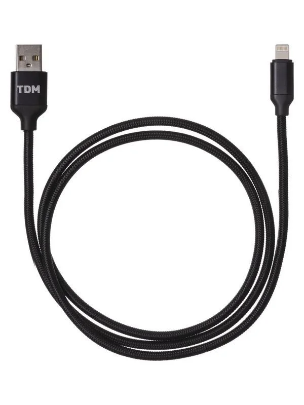 Дата-кабель, ДК 9, USB — Lightning, 1 м, тканевая оплетка, черный, TDM