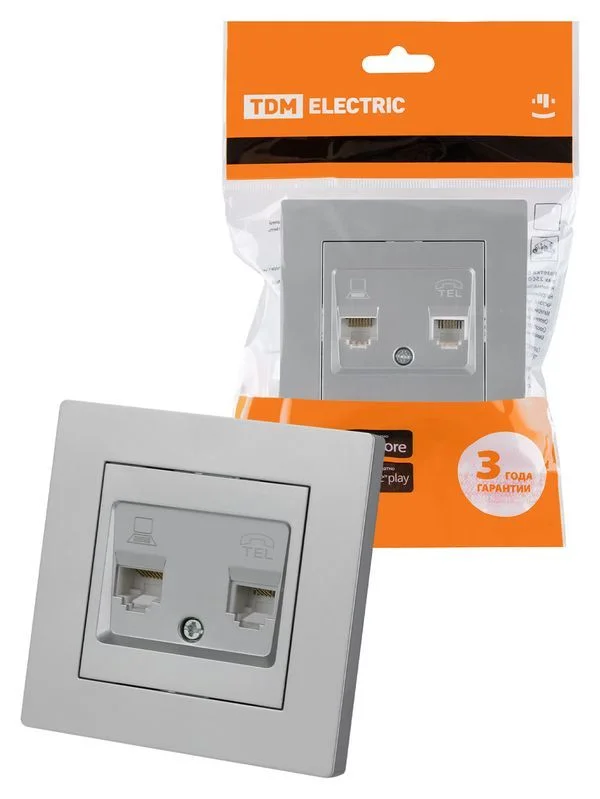 Розетка телефонная RJ11 + компьютерная RJ45 серебр. металлик «Сенеж» TDM