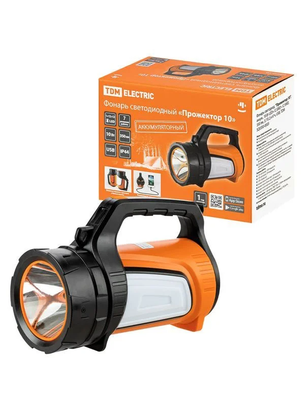 Фонарь светодиод. «Прожектор 10», аккум., 10 Вт LED+12 SMD+12 SMD, 350 лм, 3,7 В 2,4 А*ч, USB, TDM — изображение 3