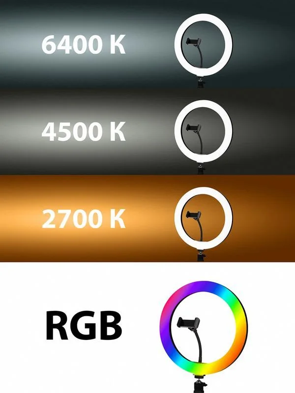 Лампа кольцевая светодиодная 30 см, 16 Вт, 2700-6400 К+RGB, штатив наст., диммер, ПДУ, USB, TDM — изображение 9