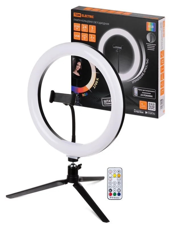 Лампа кольцевая светодиодная 30 см, 16 Вт, 2700-6400 К+RGB, штатив наст., диммер, ПДУ, USB, TDM — изображение 10