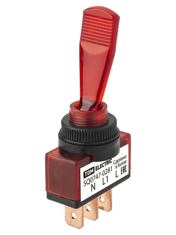 Выключатель-тумблер ASW-13D 1P 12В AC/DC 20А (3c) ON-OFF с фиксацией с красной LED подсветкой TDM — изображение 2