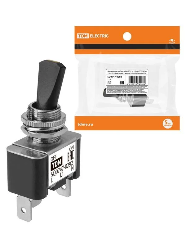 Выключатель-тумблер ASW-07D-2 1P 12В AC/DC 30А (3c) ON-OFF с фиксацией с желтой LED подсветкой TDM — изображение 3