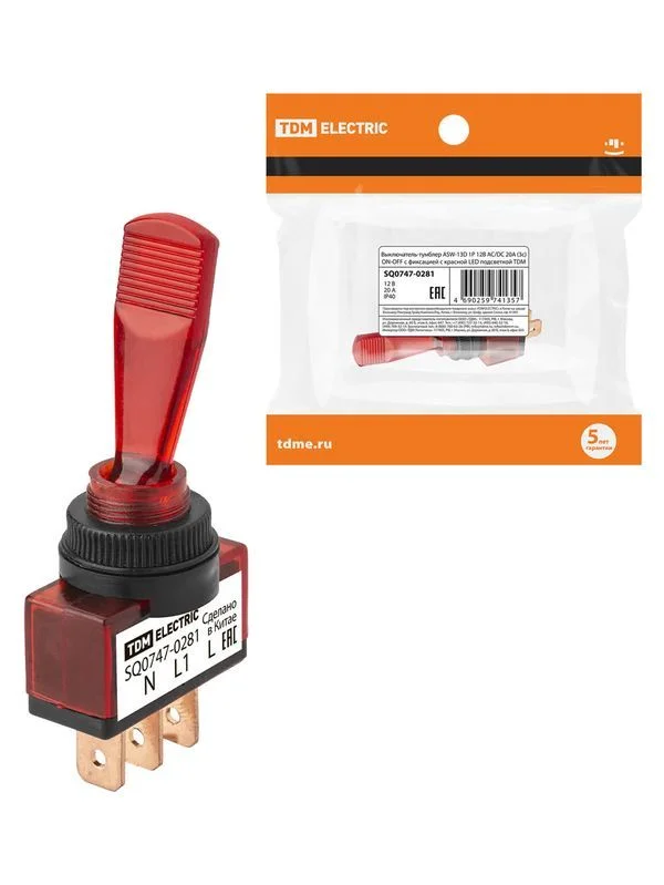 Выключатель-тумблер ASW-13D 1P 12В AC/DC 20А (3c) ON-OFF с фиксацией с красной LED подсветкой TDM — изображение 7