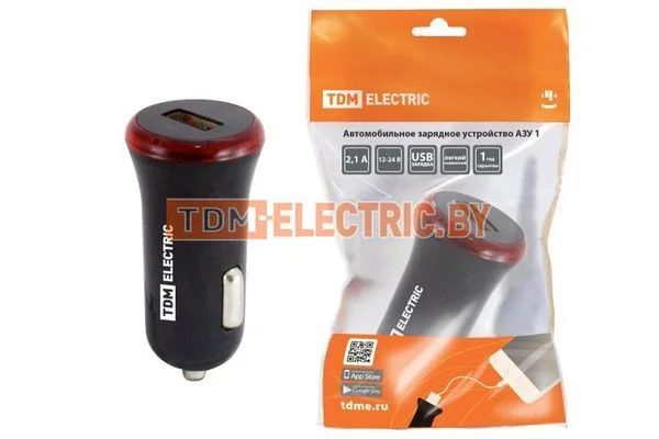 Автомобильное зарядное устройство, АЗУ 1, 2,1 А, 1 USB, черный, TDM SQ1810-0201.