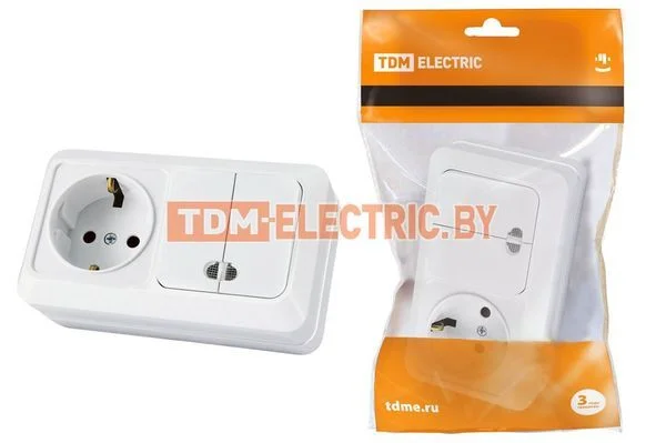 Блок комбинированный выключатель 2-кл. 10А с подсветкой + розетка 2П+З 16А 250В БКВР IP20 белый «Ладога» TDM SQ1801-0104