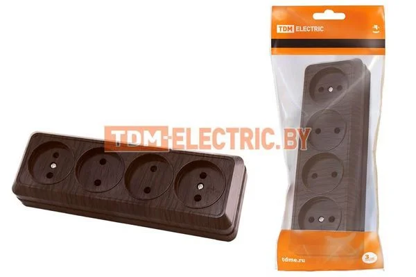 Розетка 4-х местная горизонтальная 2П открытой установки IP20 10A бук «Ладога» TDM SQ1801-0328