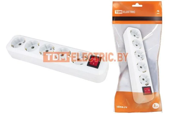 Колодка розеточная 5 гнезд 2П+3 с выключателем16А 250В белая TDM SQ1806-0037